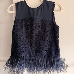 Greylin Navy Sleeveless Lace Top with Feather Hem